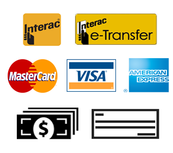 Payment options: Interac, Interac e-Transfer, Mastercard, Visa, American Express, cash and cheque